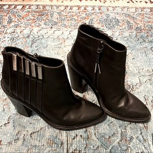 L.A.M.B. Black Leather Booties with Silver Ankle Detail.
